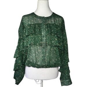 LOTUS & LAVENDER silky pleated green top long sleeve button up round Neck XL